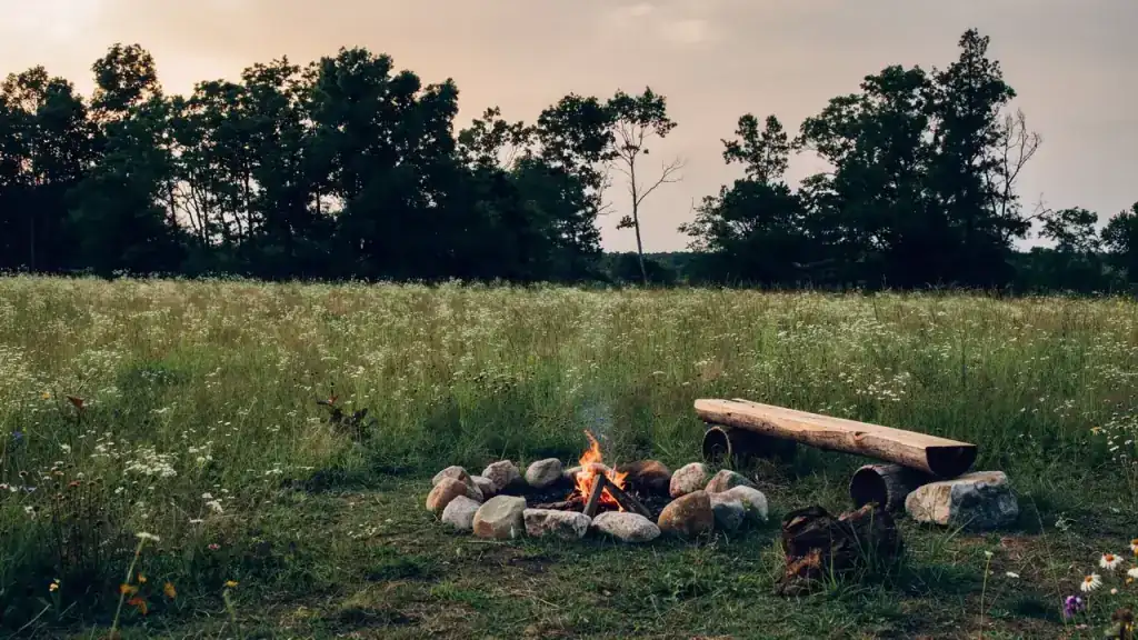 A fieldstone fire ring and log bench at the edge of a meadow at dusk